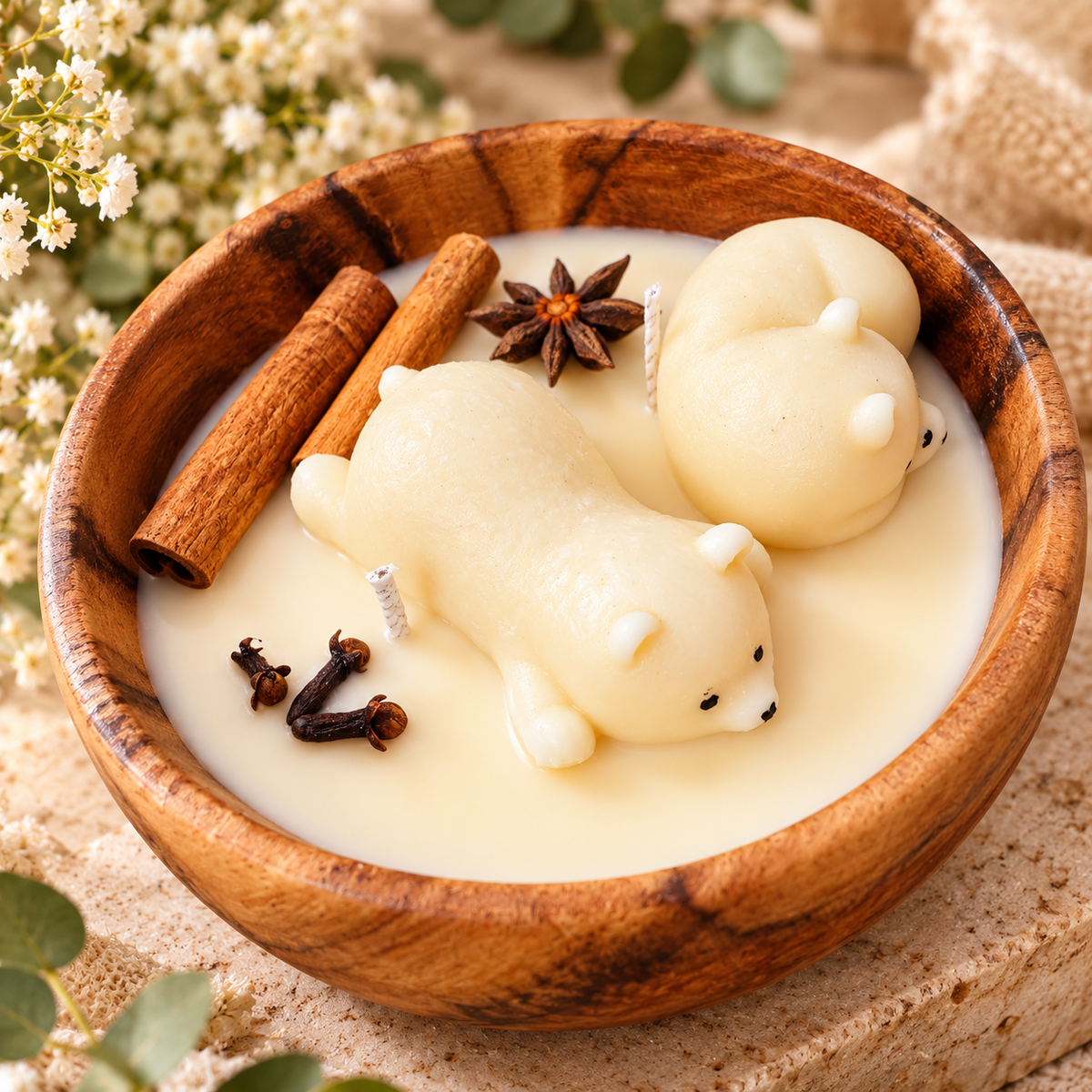Polar Bear Wooden Bowl Candle