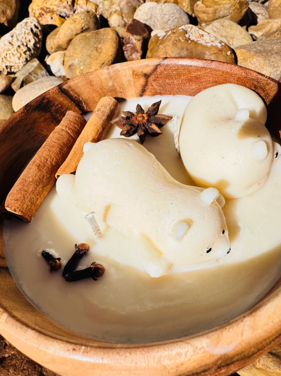 Overhead detail of polar bear wooden bowl candle with cinnamon and star anise
